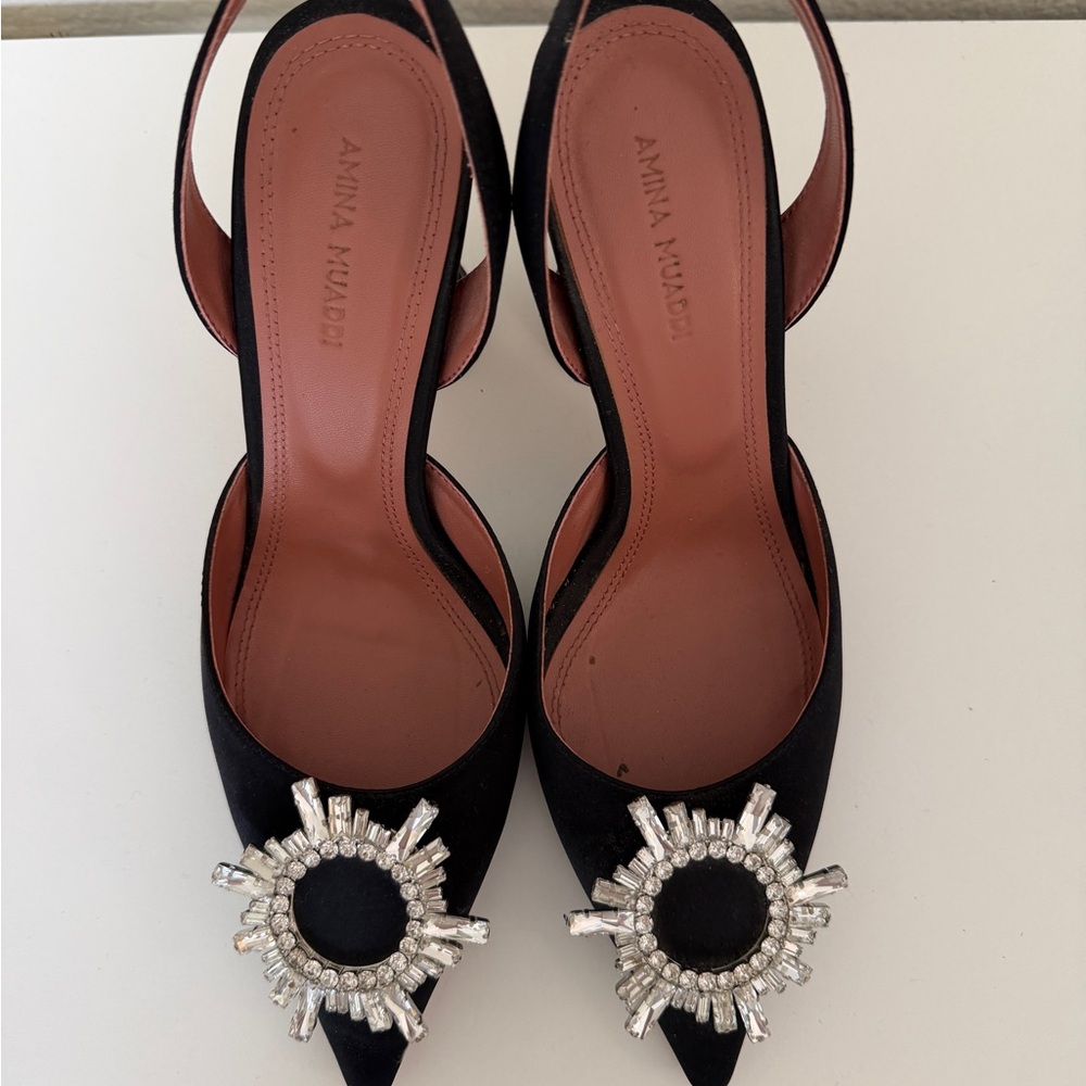 Amina Muaddi Black Crystal Sunburst Slingback Pumps - Picture 6 of 11